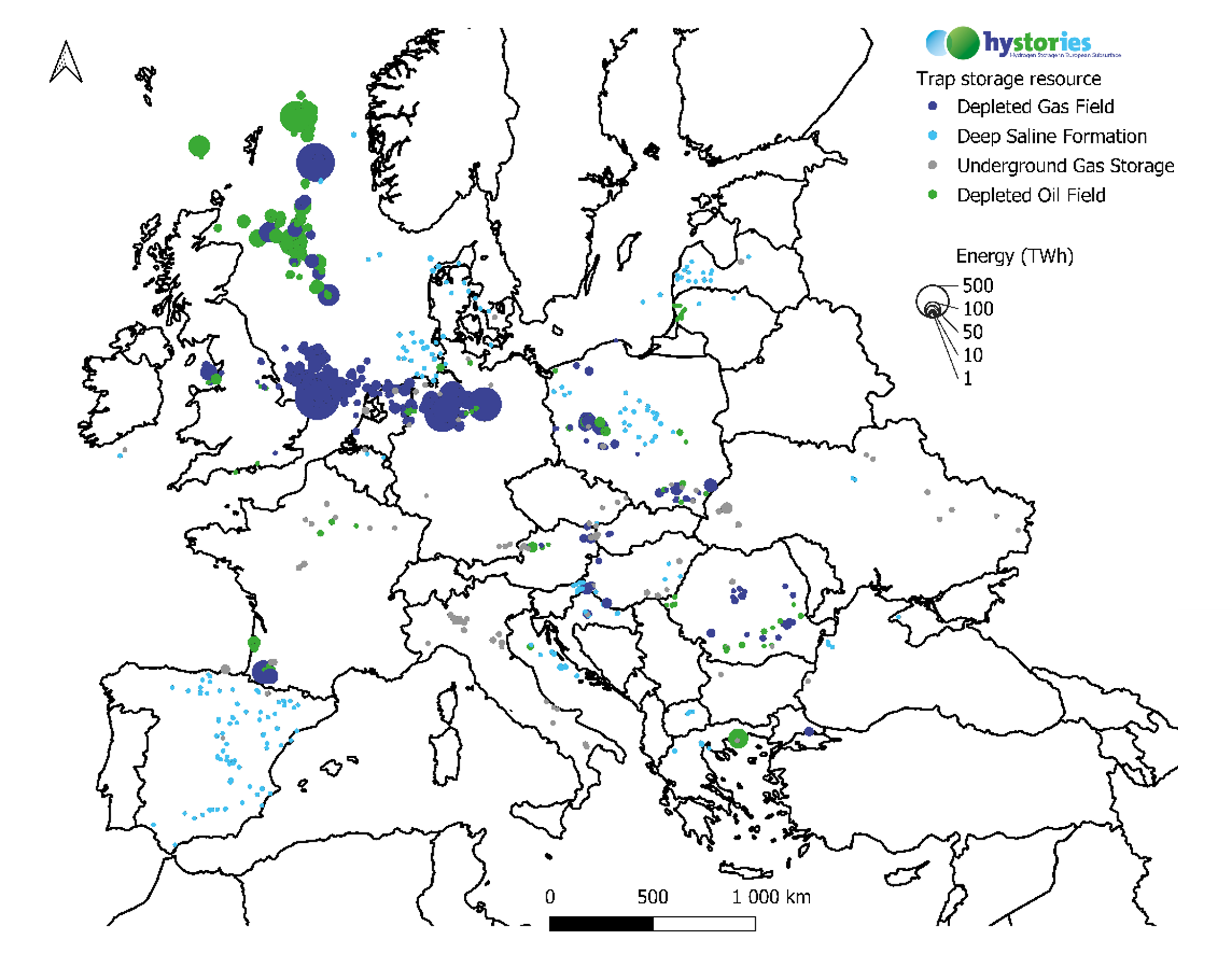 Onshore + Offshore porous media Hydrogen storage Total gas (in TWh_H2) 