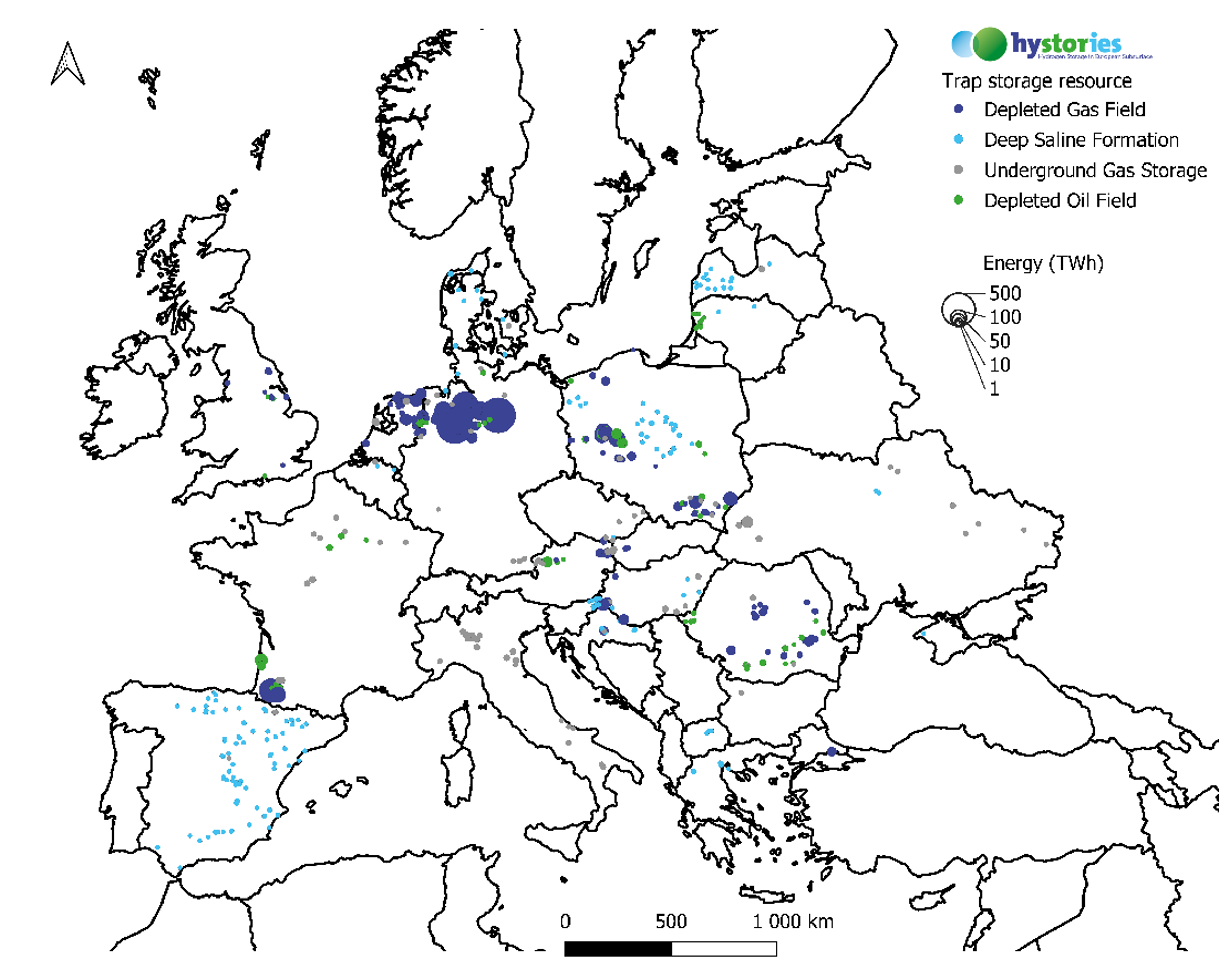 Onshore porous media Hydrogen storage Total gas map (in TWh_H2) 